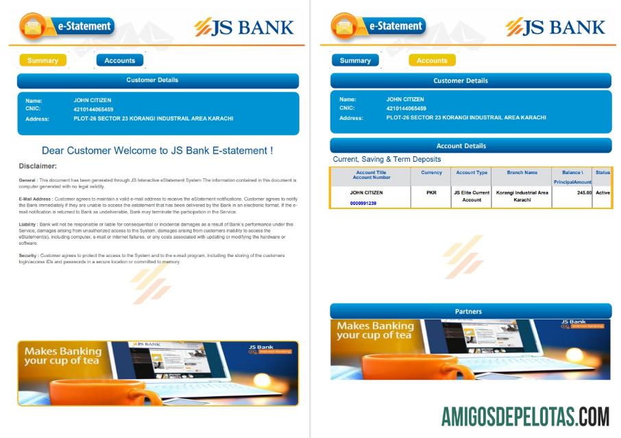 Exemplo de declaração E do Paquistão JS Bank com 3 páginas